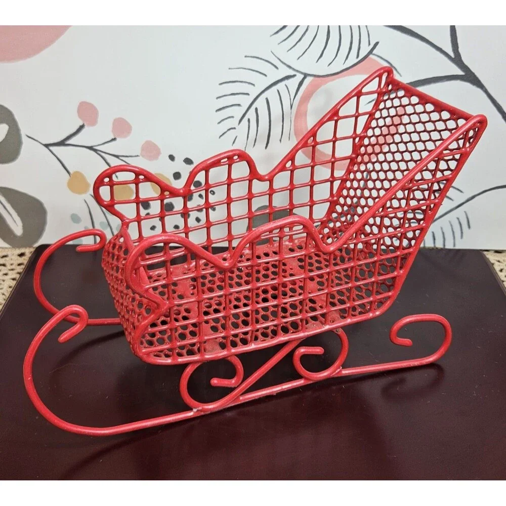 Red Enamel on Metal Wire Basket Christmas Tabletop Santa Sleigh Decor Storage